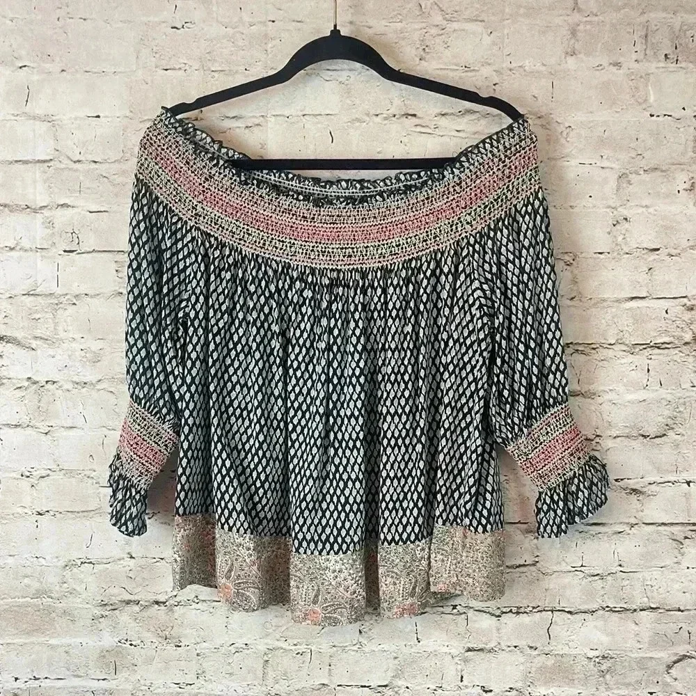 Anthropologie Vanessa Virginia Small Navy Blue Smocked Blouse Top 3/4 Sleeves S